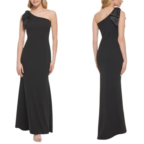 Eliza J Satin Bow One Shoulder Long Formal Dress Black Size 4 - Picture 1 of 14